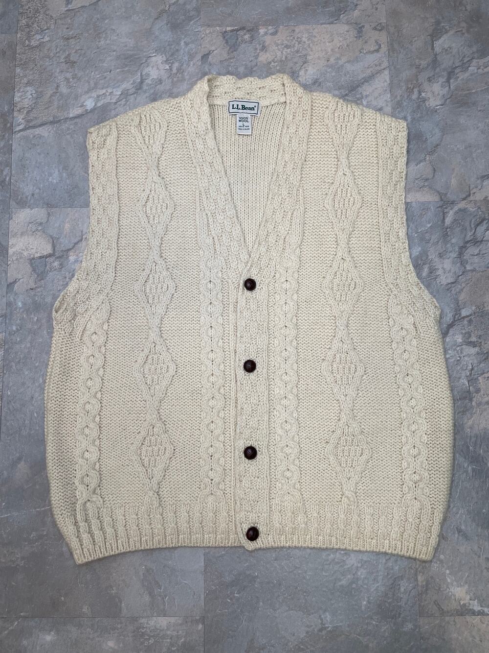 VTG LL Bean Wool Cable Knit Sweater Vest Men Large Cream Ivory Ireland Fisherman